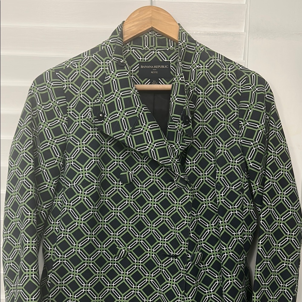 BANANA REPUBLIC | Chic Green & Blue Geometric Patterned Trench Coat | Size PS - Picture 7 of 7